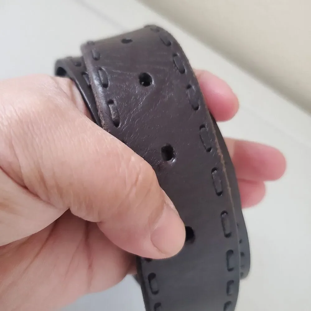 Fossil dark brown leather belt with a silver-toned buckle Decorative Stitching L